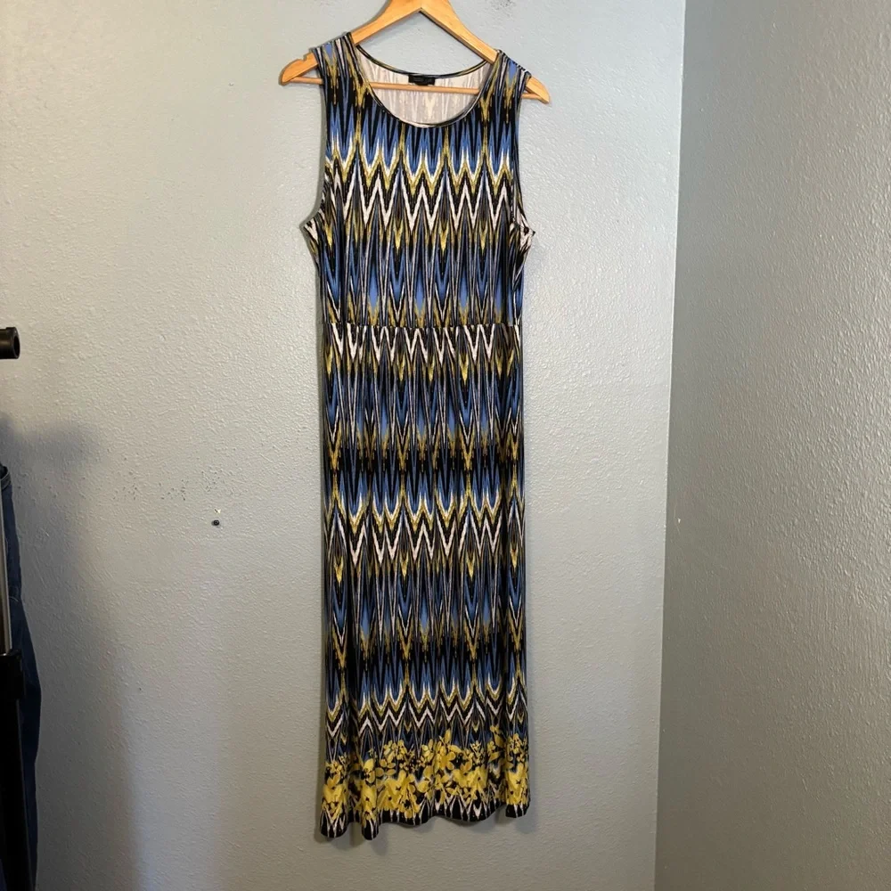 J. Jill Wearever Ikat Print Blue Yellow Sleeveless Knit‎ Maxi Dress - Picture 3 of 9